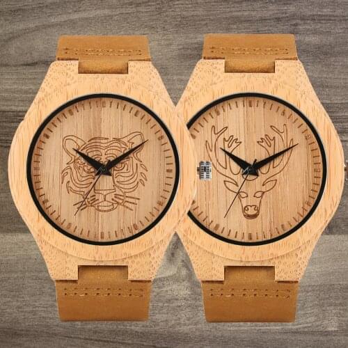 Handmade Brown Quartz Bamboo Wooden Watch for Men Male Engraved Tiger/Deer Pattern Leather Strap Wrist Wood Watch for Friends
