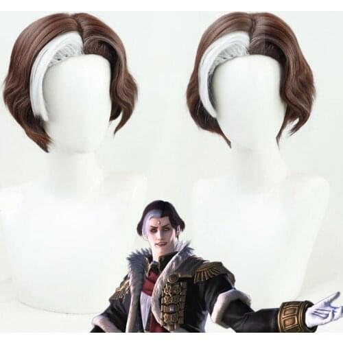 FF14 Hades Wig Final Fantasy XIV Emet-Selch Cosplay Boss Brown Short Curly Synthetic Hair Heat Resistant Halloween Role Play