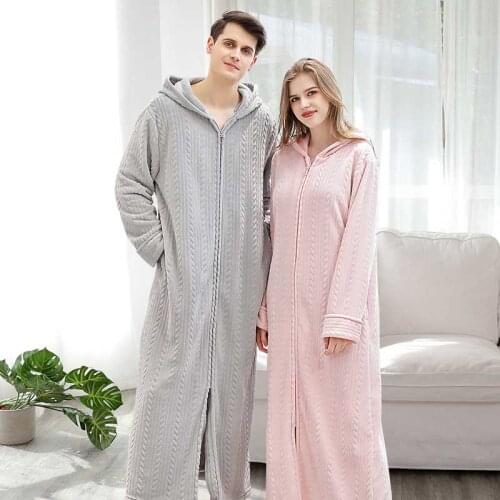 Hooded Flannel Bath Robe Wheat Stripe Unisex Bathrobe Winter Thicken Plus Size Lovers Couples Night Gown Men Zipper Nightgown