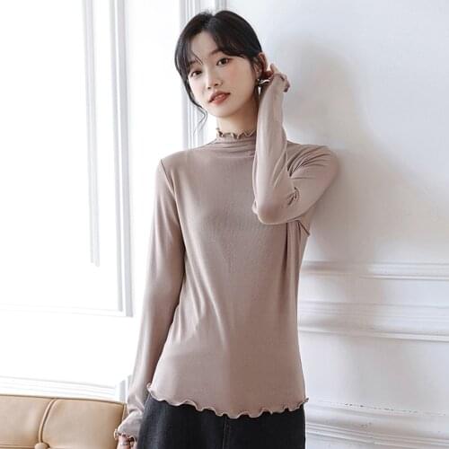 Polera Mujer 2021 Khaki High Collar Tee Tops Agaric Laces Slim Solid All-match Korea Fashion Casual Women Clothes Autumn T Shirt