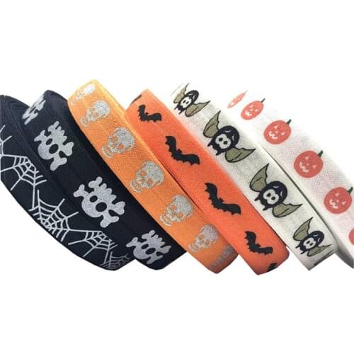 Halloween Witch Pumpkin Bat Skull Spider Web Fold Over Elastic 5/8" FOE Ribbon Diy Party Gift Decoration Accessories 16mm 10Y