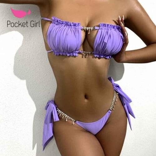 Pocket Girl 2020 Bikini Diamond Swimsuit Women Bandeau Folds Swimwear Female String Knot 2 Pieces Suit Brazilian Bathing Suit