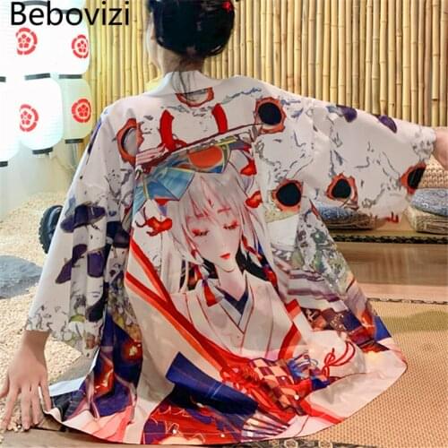 Bebovizi Anime Print Japanese Cardigan Kimono Harajuku Women Black White Yukata Streetwear Traditional Casual Haori Clothing
