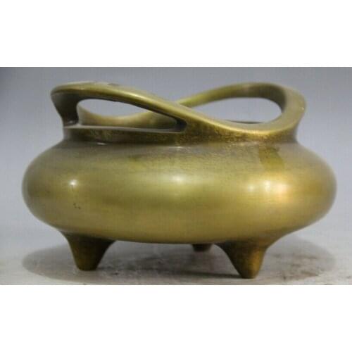 Collectible bronze S2041 9" Marked Chinese palace Copper 3 Foot circular handle Incense Burner Censer