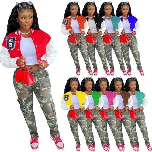 Long Sleeve Patchwork Jacket Casual Streetwear Autumn Winter Clothes Women Fashion Button Up Cropped Bomber Coat 2021 Outerwear