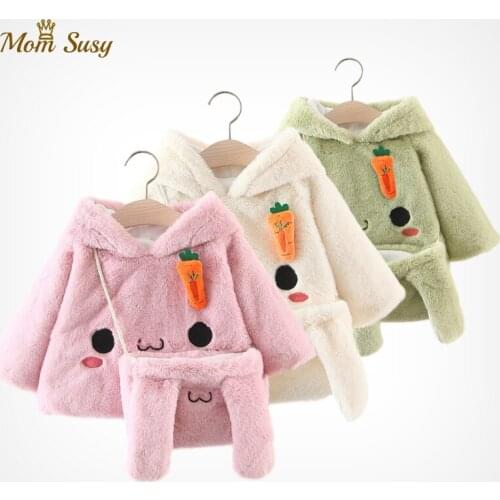Baby Girls Thick Fleece Jacket Winter Warm Infant Toddle Cartoon Hooded Coat Rabbit Ear With Bag Baby Outwear Clothes 1-4Y