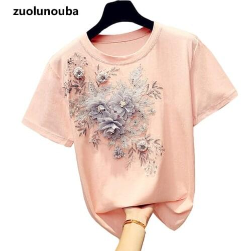 Zuolunouba Summer New Three-dimensional Flowers Women T-shirts Are Thin Wild Fashion Commuting Korean Round Neck Loose Girl Tops