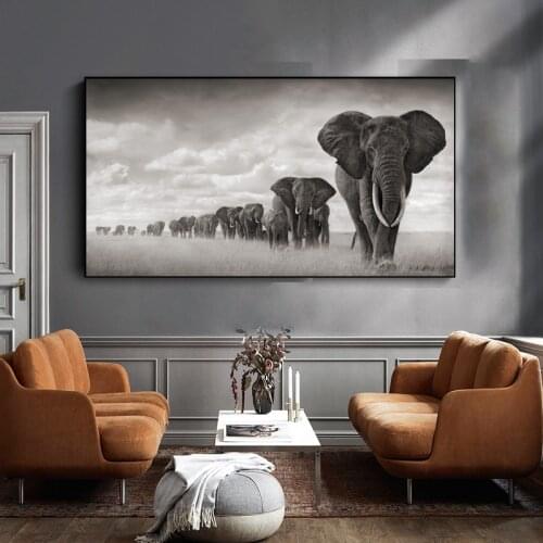 Large Size Black white Africa Elephants Animals Canvas Painting Scandinavia Posters Prints Wall Art Pictures For Living Room