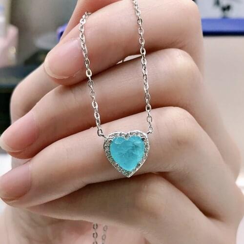 Solid 925 Sterling Silver Heart Synthetic Paraiba Tourmaline Pendant Necklace For Women Engagement Party Fine Jewelry Gifts