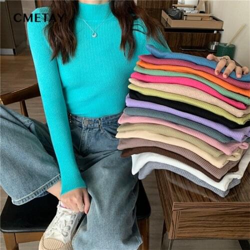Half Turtleneck pullovers Elastic Slim Women Autumn Winter 2021 New Ribbed Tight Basic Long Sleeved Knitted Sweater Tops Female