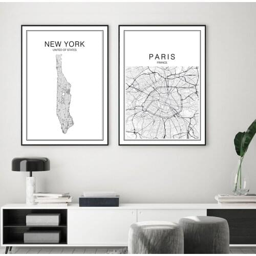 Modern Black White New York London Paris Map Canvas Painting Poster Print Wall Art Pictures for Living Room Interior Home Decor