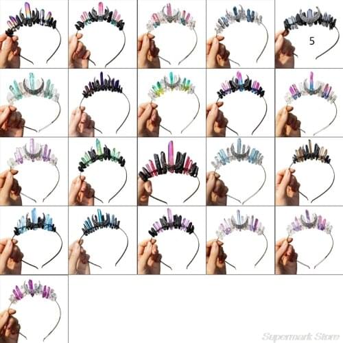 Wedding Bridal Jewelry Tiara Headband Multicolored Raw Quartz Crystal Hair Hoop Antique Moon Handmade Witch Crown A28 21
