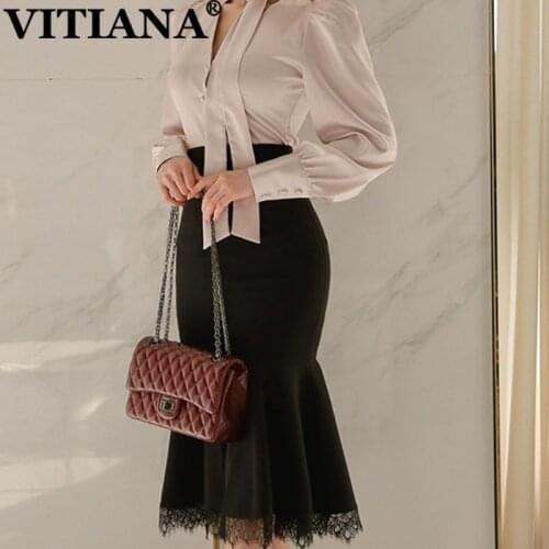 VITIANA Women Formal Office 2 Pieces Sets 2020 Female V-Neck Long Sleeve Elegant Womens Lace Knee-Length Skirt Femme OL Clothes