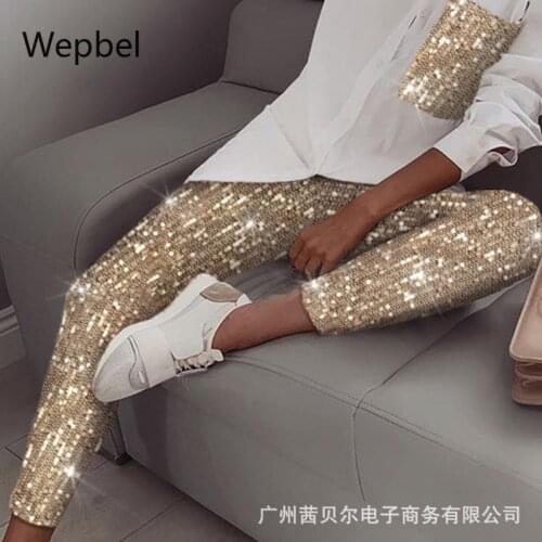 Wepbel Tops Shirts Pencil Pants Sets Elastic Sequin Women Suit Long Sleeve Fashion 2 Piece Sets Outfits Pants Suits