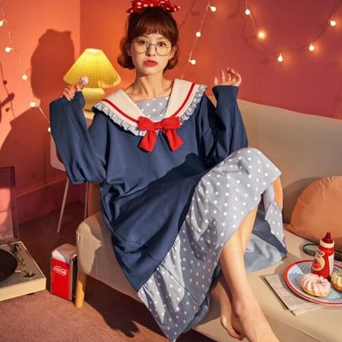 Women Sleepwear Cute Print Cartoon Nightgown Dress Home Clothes Sweet Nighty Large Size Sleepshirts Long Sleeve Sleepdress