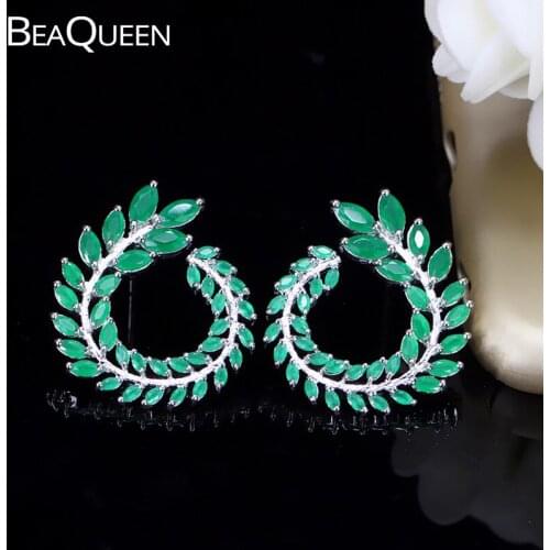 BeaQueen Sparkly Leaf Shape Green Olive Branch CZ Zirconia Stone Setting Women Large Round Gypsy Stud Earrings Jewelry E010