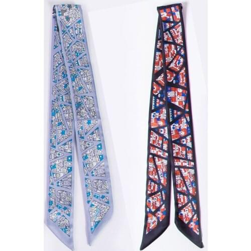 Designer Long Strip Silk Scarf Women City Twill Print Bandana Narrow Small Tie Wrap Ribbon Ladies Fashion Headband Neck Scarf C6