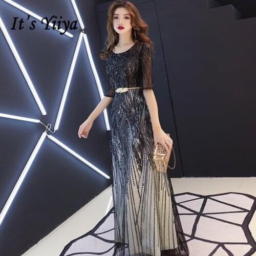 Its YiiYa Evening Dress Mysterious Shining Black Sequins Long Formal Gown Half Sleeve Back Zipper Design Party Dressses E104