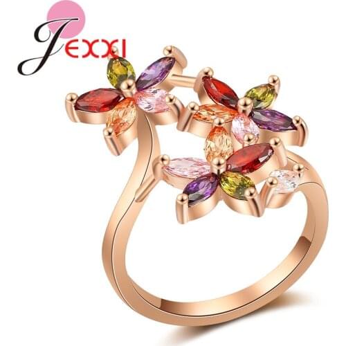 Sparkling Five Colors Flowers Cubic Zircon Rose Gold Color Rings For Women Bridal Wedding Engagement Anniversary Jewelry