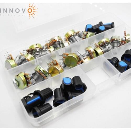 18pcs/sales packs 12 types B1K 2K 5K 10K 20K 50K 100K 500K 1M Single Linear Potentiometers with Knob Nutsert Gaske