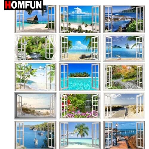 HOMFUN Diamond Painting Cross Stitch "Window sea landscape" 5D DIY Diamond Embroidery Full Square/round Rhinestone Of Picture