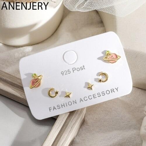 ANENJERY Creative Fruit Star Moon Planet Earrings For Women Small 6-Piece Earrings Set Gift Party Jewelry S-E1225