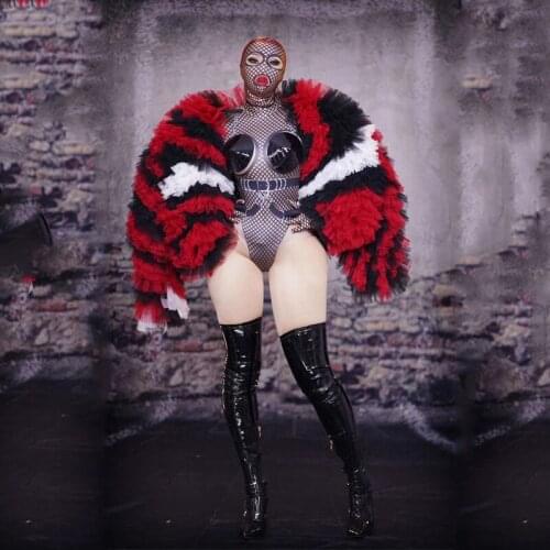 Bodysuit Headpiece Costume Sexy Black Red Mesh Jacket Outfit Stage Dance Clothing Set Party DJ Nightclub Bar Dance Wear DT949