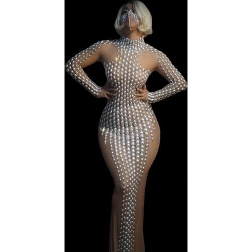 Fashion Rhinestones Pearls Mesh Dresses for Women Birthday Celebrate Dress Transparent Outfit Women Singer Dance Stage Costumes