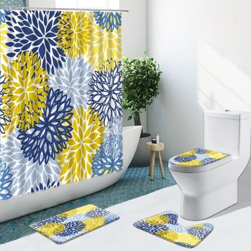 3D Colored Dahlia Flower Blue Yellow Gray Bathroom Set Shower Curtain Fabric Non-Slip Rugs Flannel Toilet Carpet Cover With Hook