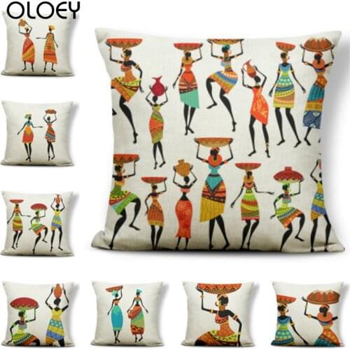Cotton Linen Pillow Cover African Indigenous Womens National Style Cushion Cover Portrait Pillowcase Home Sofa Decor 45*45cm