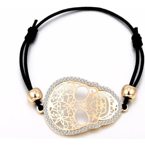 Wholesale Gold Color Hollow Flower Skull Crystal Charm Bracelet for Women Elastic Rope Pulsera mujer Rhinestone Bracelet Copper