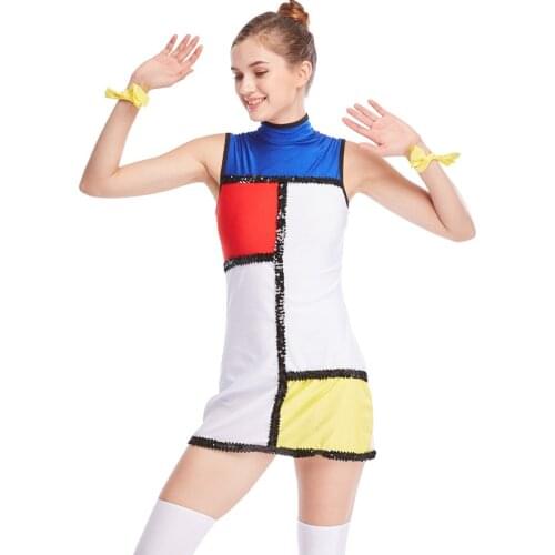 Mondrien Style Dress Color-block Twill Shift Jazz Costume Dance Dress Performance Wear