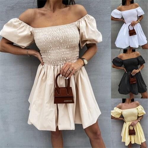 Summer Dress Women Solid Color Slash Neck Shrinkage A-Line Dresses Puff Short Sleeve Dress For Woman Vestido De Mujer Robe Femme