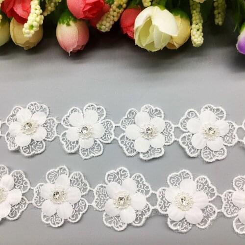 2yd Soluble 3D Diamond Flower Floral Lace Trim Applique Fabric Lace Ribbon Embroidered Sewing Craft Costume Dress Hat Decoration