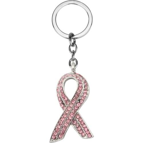 Promotional Gift Breast Cancer Awareness Pink Ribbon Crystal Rhinestone Key Chain Bowknot Key Ring Key Chain