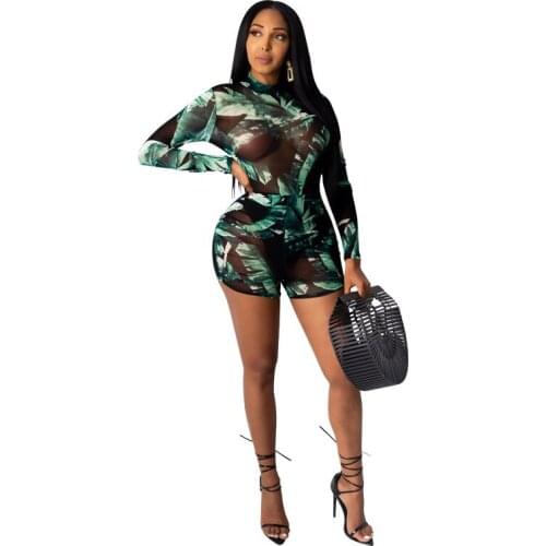 2020 Summer Fashion Women Jumpsuits Sexy Nightclub Party Wear V-Neck Long Sleeve Skinny Grenadine Floral Printed Short Rompers