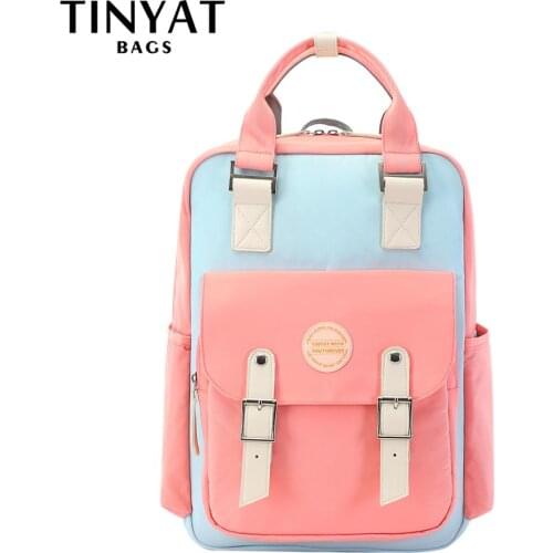 TINYAT Womens Backpack Canvas Waterproof Feminina Laptop Backpack 15inch Pink Patchwork School Backpacks Bags for Teenage Girls