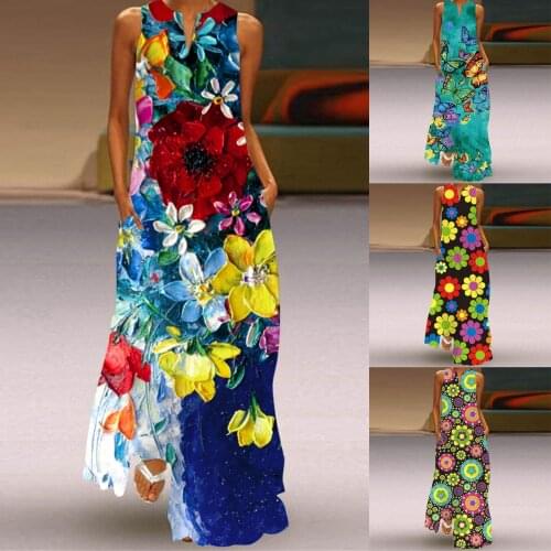 2021 WomenS Colorful Tropical Boho Floral Maxi Dress Sleeveless V-Neck Vest Summer Party Evening Cami Pocket Dresses Female