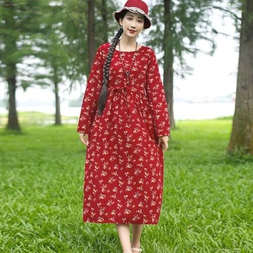 2021 Print Floral Prairie Chic Vintage Autumn Dress Cotton Linen Draw String Office Lady Work Dress Women Casual Spring Dress