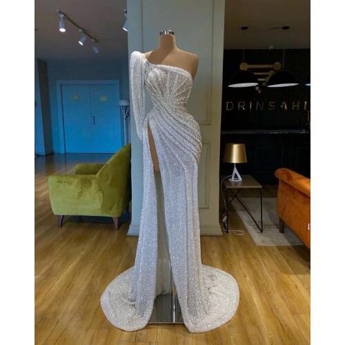 Designer Vestidos De Fiesta One Shoulder Bling Bling Thigh High Slit Long Sleeve Sheath Evening Dresses