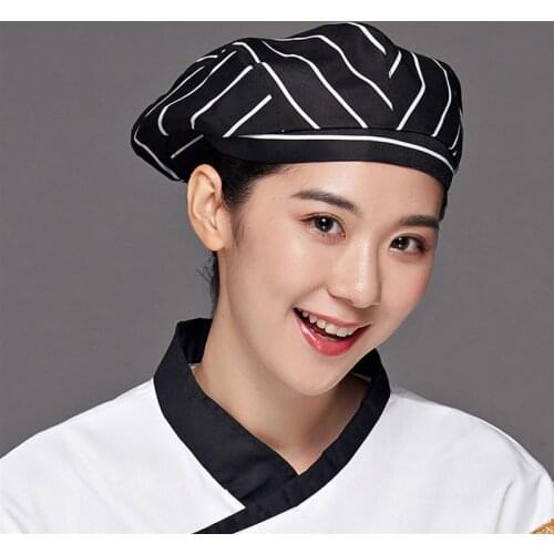 2pcs Restaurant Waiter Beret Kitchen Working Cap Creative Chef Hat Comfortable Cooking Cap (Black White Stripe, Black White Grid