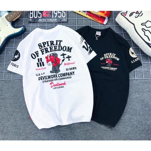 Japanese Devil Print T Shirt Mens Casual Cotton Short Sleeve Rock Biker T shirts Cartoon Pilot Painting Hip Hop Tops Tees Shirt