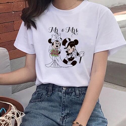 Lovers Loose New Cartoon T-shirt Disney Mickey Minnie Couple Mouse Mr & Mrs Letter Print Casual Harajuku Streetwear Women Tops