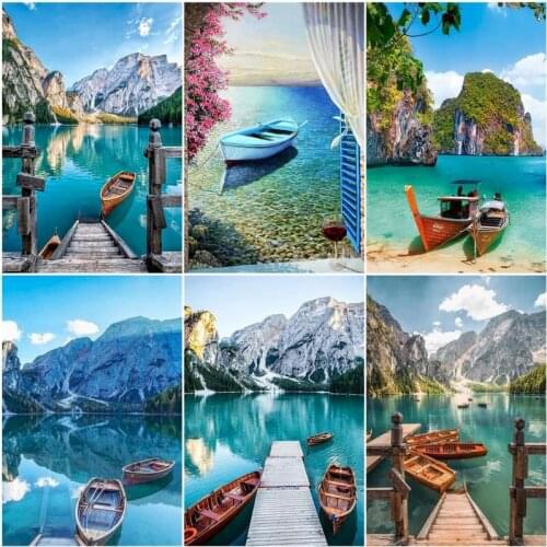 GATYZTORY Paint By Number Wooden Boat Lake Drawing On Canvas HandPainted Painting Art Gift DIY Pictures By Number Tree Kits Hom