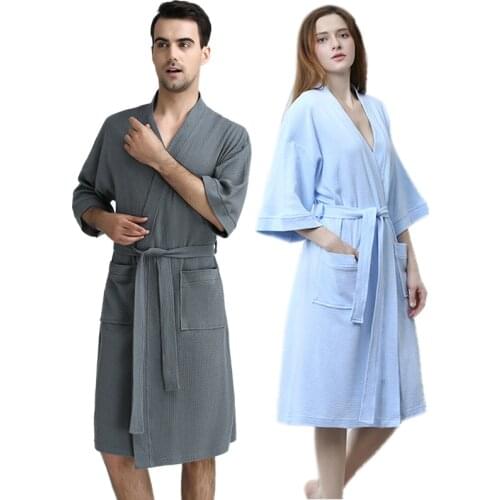 Men 100% Cotton Suck Sweat Towel Bathrobe Mens Plus Size Sexy Waffle Kimono Bath Robe Hotel Male Women Dressing Gown Spa Robes