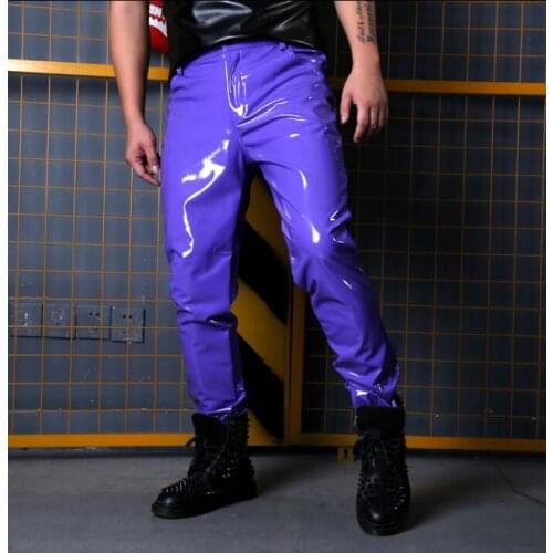 Fashion blue patent leather stretch trousers costumes stage suit Solid Color Slim High Waist Bandage Leather Pants Trousers new