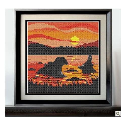 Embroidery Package Hot Sell Best Quality Cross Stitch Kits Hippo River Horse in the Setting Sun Animal Free Shipping