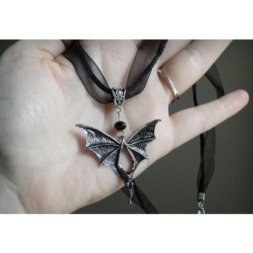 Halloween Flying Vampire Bat Necklace,Black Ribbon,Gothic Vampire Spooky Jewelry Women Jewelry,Dark Style,gift for Bat Lover
