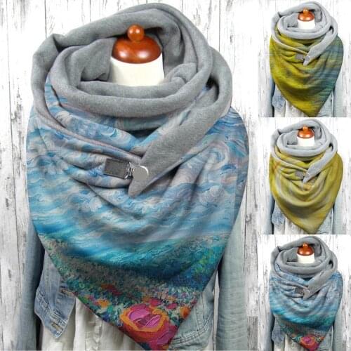 Womens Autumn Scarf Fashion Winter Women Abstract Printing Metal Button Soft Wrap Warm Large Size Scarves Shawls Pashmina Lady