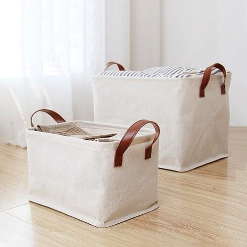 Contracted Style PU Leather Handle Cotton and Linen Fabric Collapsible Storage Basket Sundires Folding Box